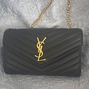 Yves Saint Laurent Black Chevron Shoulder Bag with Gold Chain